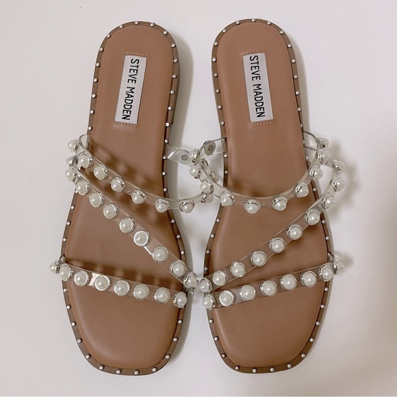 Steve Madden Skyler Studded Pearl Embellished Square Toe Flat Sandals Size 7.5 - Picture 5 of 13